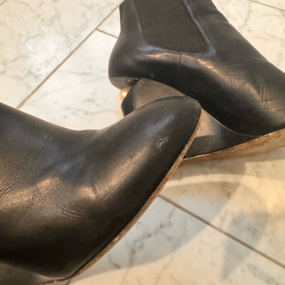 Chanel Black Leather Wedge Ankle Boots with Pearl Detail - Picture 5 of 6